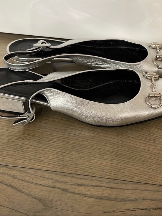 Gucci Shoes - Gucci Metallic Silver Leather Slingback Flats with Horsebit Detail